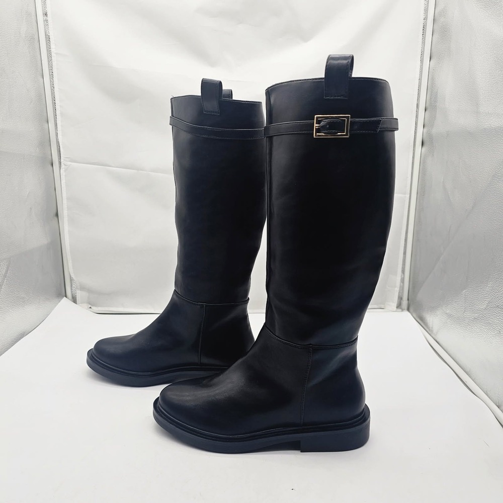 ASOS Riding Boots Women Size 12 Black Buckle Detail Tall Flat Boots